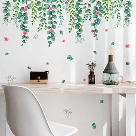 Grüne Ranken Rosa Blumen Wandtattoo PVC Aquarell Hängende Pflanzen Aufkleber Für Wohnzimmer Schlafzimmer Deko
