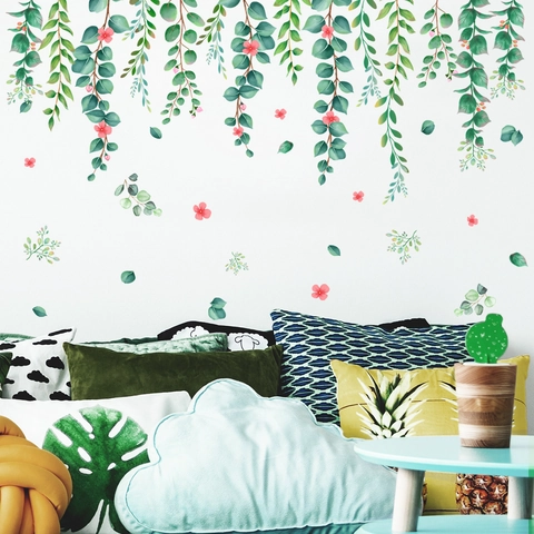 Groene Ranken Roze Bloemen Muurstickers PVC Aquarel Hangende Planten Stickers Voor Woonkamer Slaapkamer Decoratie