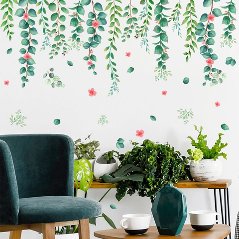 Grüne Reben Pflanzen Wandtattoo Mit Rosa Blumen PVC Wasserdicht Wandaufkleber Für Wohnzimmer Schlafzimmer Moderne Wohndeko Set
