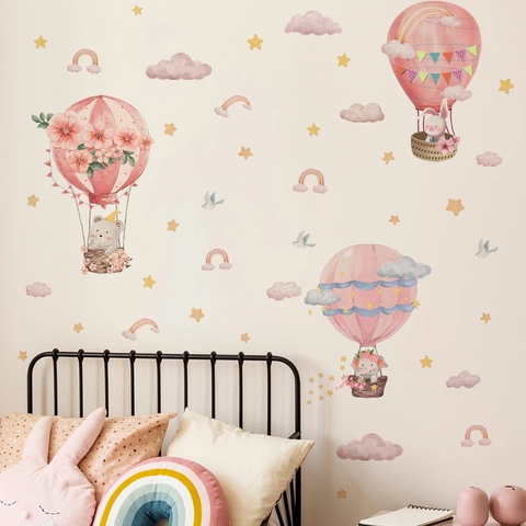 Adesivi Murali Cartone Animato Elefante Mongolfiera Acquerello Animale Nuvole Stelle Per Decorazione Cameretta Bambini PVC Removibile
