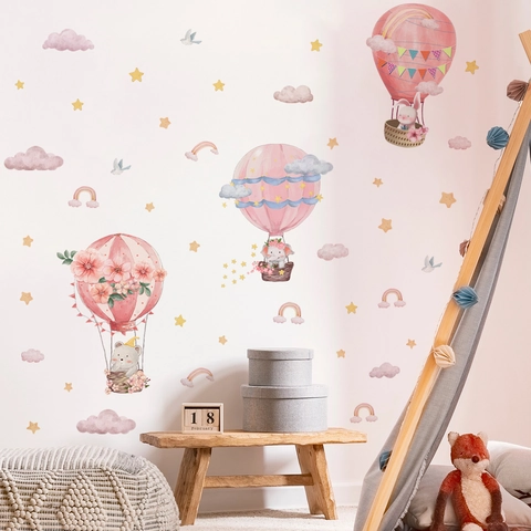 Adesivi Murali Cartone Animato Elefante Mongolfiera Acquerello Animale Nuvole Stelle Per Decorazione Cameretta Bambini PVC Removibile