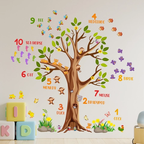 Adesivi Murali Educativi Albero Animali Cartoni Animati Numeri Decalcomanie PVC Per Cameretta Bambini Arredo