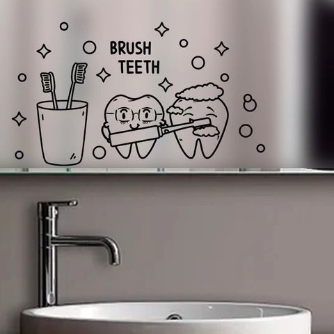 Adhesivo de Pared de Baño con Diente de Dibujos Animados y Cita Lávate los Dientes Calcomanía de PVC Extraíble para Espejo