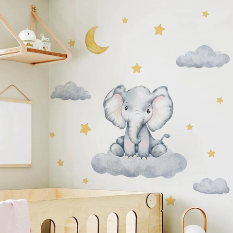 Cartoon Elefant Wandaufkleber Aquarell Wolke Mond Stern PVC Dekore Für Kinderzimmer Schlafzimmer Wohnzimmer Dekoration