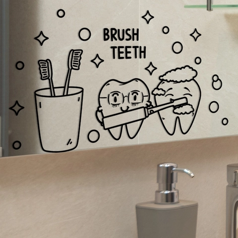 Adhesivo de Pared de Baño con Diente de Dibujos Animados y Cita Lávate los Dientes Calcomanía de PVC Extraíble para Espejo