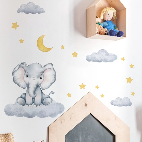 Cartoon Elefant Wandaufkleber Aquarell Wolke Mond Stern PVC Dekore Für Kinderzimmer Schlafzimmer Wohnzimmer Dekoration