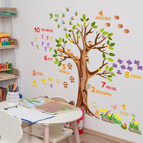 Adesivi Murali Educativi Albero Animali Cartoni Animati Numeri Decalcomanie PVC Per Cameretta Bambini Arredo