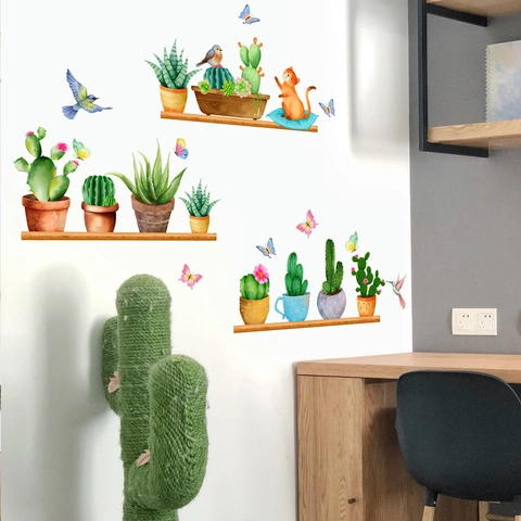 Adesivi Murali Piante In Vaso Cactus PVC Gatto Uccello Farfalla Autoadesivo Removibile Acquerello DIY Decorazione Casa