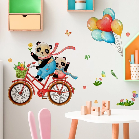Cartoon Panda Riding Bicycle Wall Sticker Heart Balloons Flowers PVC DIY Removable Wall Decal For Kids Room Nursery Decor