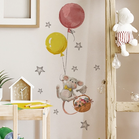 Cartoon Mouse With Balloon And Flower Basket Wall Stickers PVC Watercolor Decor For Kids Nursery Room Stars