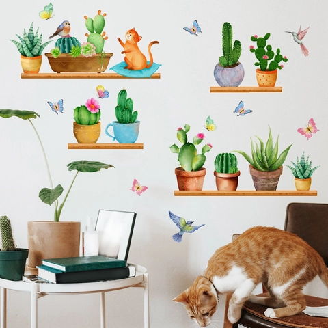 Adesivi Murali Piante In Vaso Cactus PVC Gatto Uccello Farfalla Autoadesivo Removibile Acquerello DIY Decorazione Casa