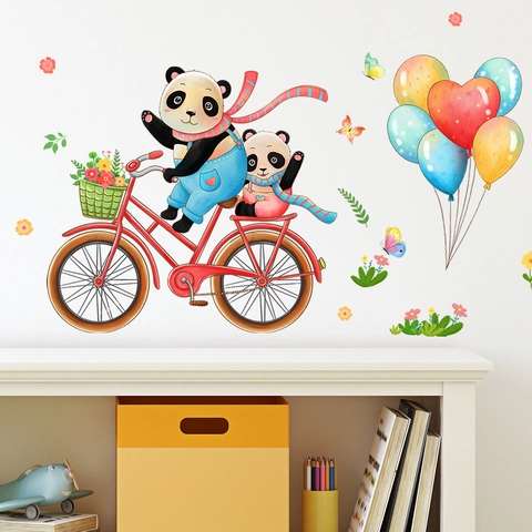 Cartoon Panda Riding Bicycle Wall Sticker Heart Balloons Flowers PVC DIY Removable Wall Decal For Kids Room Nursery Decor