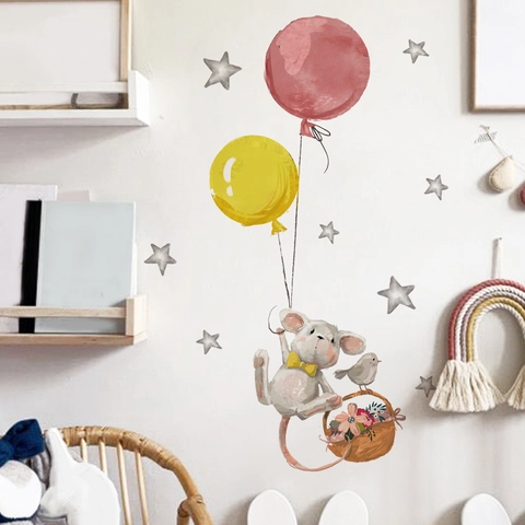 Cartoon Mouse With Balloon And Flower Basket Wall Stickers PVC Watercolor Decor For Kids Nursery Room Stars