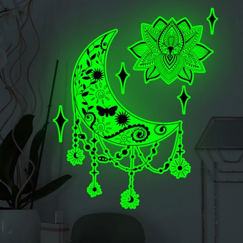 Leuchtender Wandaufkleber PVC Mandala Mond Lotus Schmetterling Sterne Fluoreszierend Abnehmbar Selbstklebend Home Deko