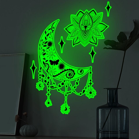 Leuchtender Mond Lotus Mandala Wandaufkleber Im Dunkeln Leuchtend PVC Selbstklebend Boho Stil Haus Deko Zubehör