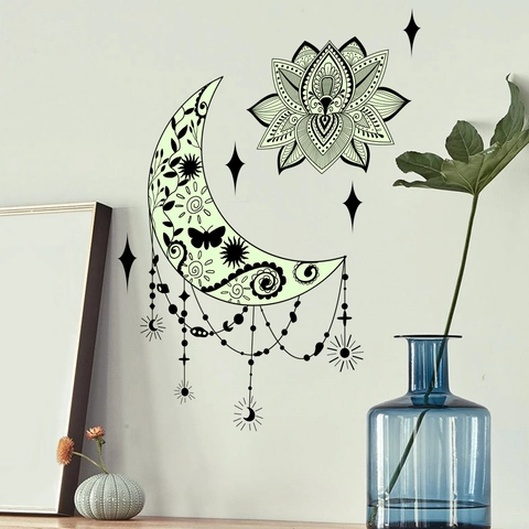 Leuchtender Mond Lotus Mandala Wandaufkleber Im Dunkeln Leuchtend PVC Selbstklebend Boho Stil Haus Deko Zubehör