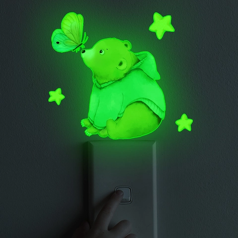 Adesivo per Interruttore Luce Notturna Orso Cartone Animato Stelle Fluorescente PVC Impermeabile Autoadesivo per Cameretta