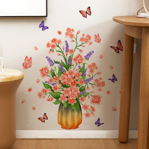 Blumenvasen Und Schmetterling Wandaufkleber Aquarell Floral Topf Schmetterling Vinyl Wandtattoos Für Schlafzimmer Wohnzimmer Dekor