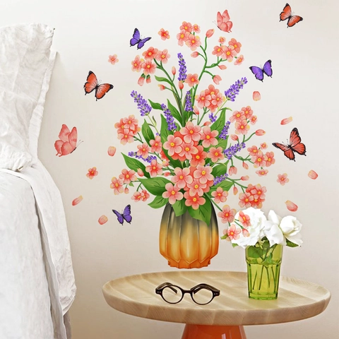 Blumenvasen Und Schmetterling Wandaufkleber Aquarell Floral Topf Schmetterling Vinyl Wandtattoos Für Schlafzimmer Wohnzimmer Dekor