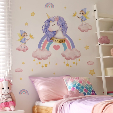 Cartoon Unicorn Rainbow Fairy Wall Stickers PVC Self-Adhesive Dreamy Watercolor Decals For Kids Girls Bedroom Nursery Decor