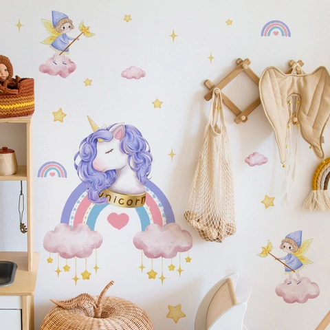 Cartoon Unicorn Rainbow Fairy Wall Stickers PVC Self-Adhesive Dreamy Watercolor Decals For Kids Girls Bedroom Nursery Decor