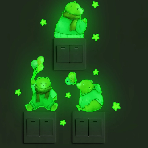 Adesivo per Interruttore Luce Notturna Orso Cartone Animato Stelle Fluorescente PVC Impermeabile Autoadesivo per Cameretta