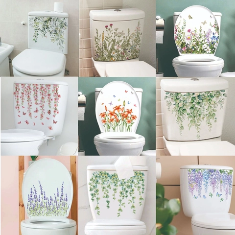 Floral Plants Toilet Lid Stickers Waterproof PVC Wall Decals For Bathroom Home Decoration Botanical Flower Butterfly Pattern