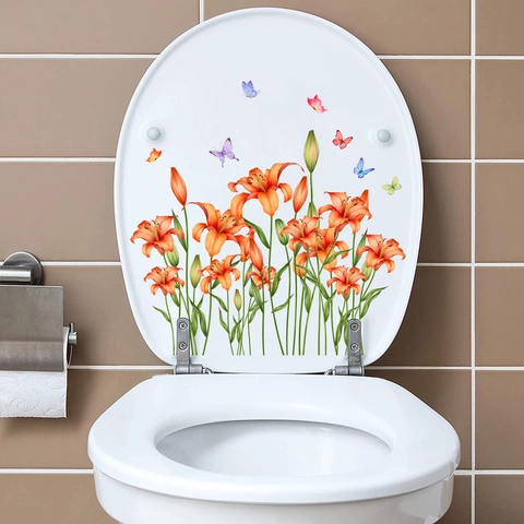 Orange Lily Flower And Colorful Butterfly Toilet Sticker Waterproof PVC Self-Adhesive Wall Decal For Bathroom Home Decor