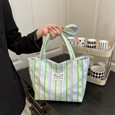 Gestreepte Canvas Draagtas Dames Grote Capaciteit Schoudertas Casual School Student Shopper Ritssluiting Geplooide