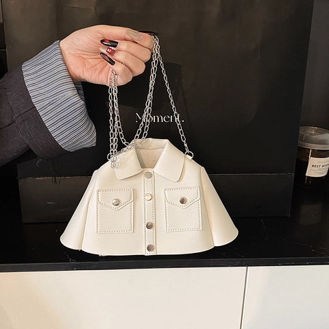 Creative Jacket Shaped Crossbody Bag For Women PU Leather Unique Shirt Design Mini Shoulder Bag With Silver Metal Chain