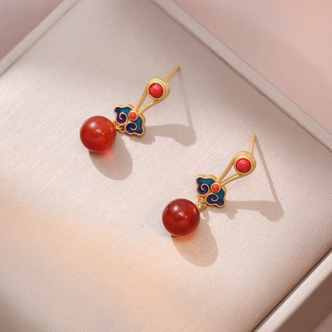 Pendientes Colgantes Retro Chinos Esmalte Cloisonne Nube Ruyi Cuentas De Agata Roja Silver Earring Post Joyería De Estilo Étnico