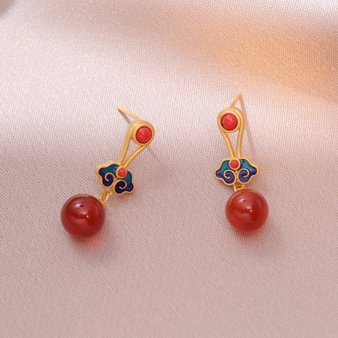 Pendientes Colgantes Retro Chinos Esmalte Cloisonne Nube Ruyi Cuentas De Agata Roja Silver Earring Post Joyería De Estilo Étnico