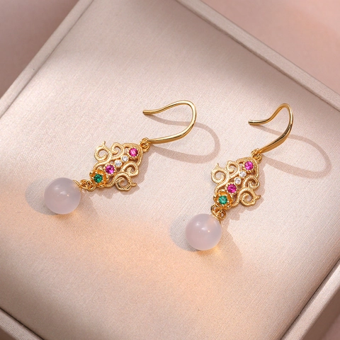 Vintage Dangle Earrings For Women Copper Hollow Floral Inlaid Colorful Zircon Chalcedony Bead Retro Jewelry Accessory