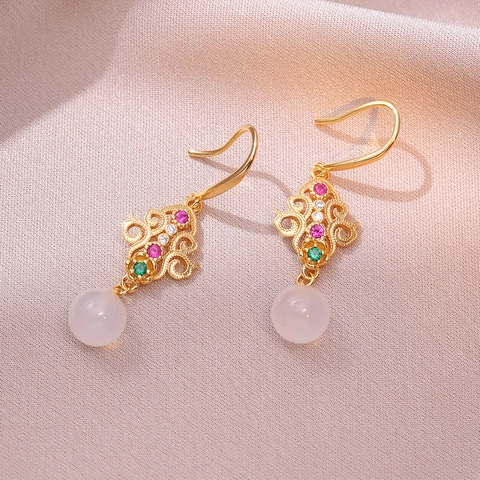 Vintage Dangle Earrings For Women Copper Hollow Floral Inlaid Colorful Zircon Chalcedony Bead Retro Jewelry Accessory