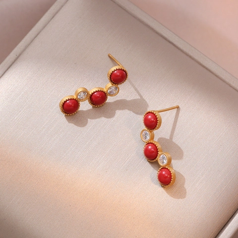 Vintage Palace Style Curved Earrings With Red Beads Cubic Zirconia Inlaid Copper Body And Silver Earring Post For Women