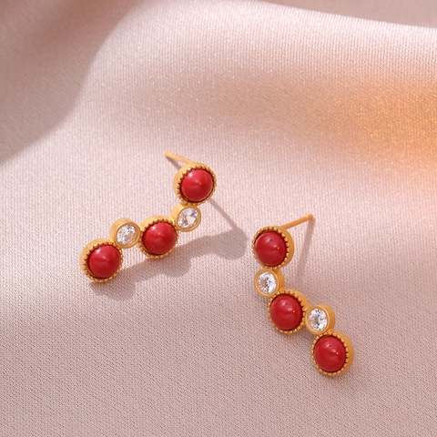 Vintage Palace Style Curved Earrings With Red Beads Cubic Zirconia Inlaid Copper Body And Silver Earring Post For Women