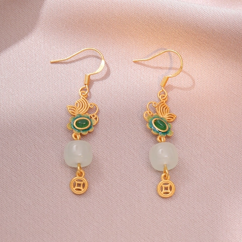 Orecchini Cinesi Vintage In Rame Con Perla Imitazione Giada Bianca Farfalla Verde Fiore Ruyi E Ciondolo Antica Moneta Cinese
