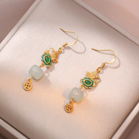 Orecchini Cinesi Vintage In Rame Con Perla Imitazione Giada Bianca Farfalla Verde Fiore Ruyi E Ciondolo Antica Moneta Cinese