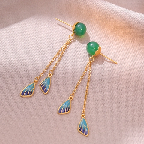 Pendientes De Borla Retro Con Alas De Mariposa De Esmalte Y Cuentas De Calcedonia Verde Joyería De Cobre Hanfu Para Mujer
