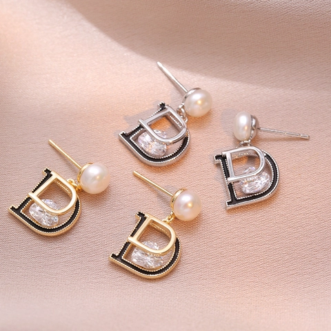 Orecchini Pendenti Lettera D Vintage Rame Con Perla de Agua Dulce E Zirconia Cuore Smalto Nero Stile Francese Per Donne
