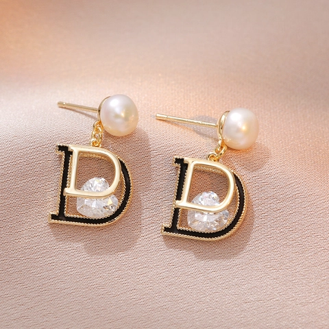 Orecchini Pendenti Lettera D Vintage Rame Con Perla de Agua Dulce E Zirconia Cuore Smalto Nero Stile Francese Per Donne
