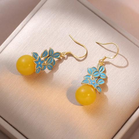 Retro Emaille Blaue Blume Hängerohrringe Mit Gelber Harzperle Silver Earring Post Vergoldetes Kupfer Schmuck Für Damen
