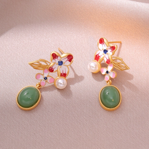 Retro Flower Drop Earrings Copper Enamel Camellia Faux Green Jade White Artificial Pearl Chinese Style Vintage Elegant Jewelry For Women