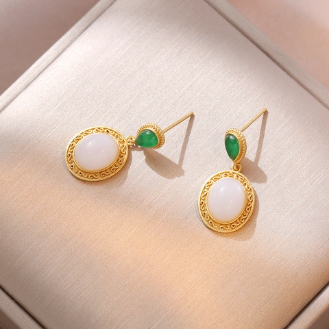 Orecchini Pendenti Vintage Rame Dorato Giada Bianca Pietra Verde Eleganza Di Corte Donne