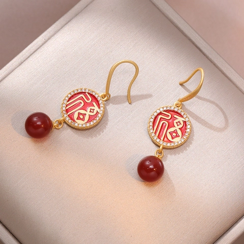 Traditional Chinese Style Fu Character Drop Earrings Copper Red Enamel Rhinestone Agate Bead Retro Fashion Women