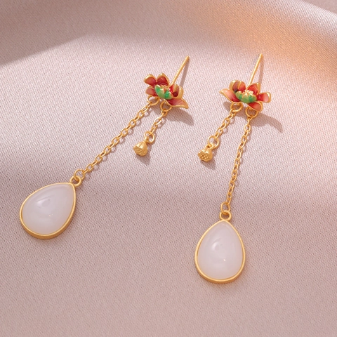 Boucles D'oreilles Pendantes Chinoises Vintage Cuivre Lotus Émaillé Pendentif Jade Blanc Bijoux Rétro Pour Femmes