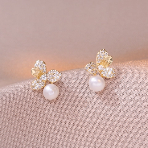 Orecchini A Lobo Con Perla de Agua Dulce E Fiore Con Perno In Argento Sterling 925 Rame Zircone Gioielli Floreali Eleganti Donne