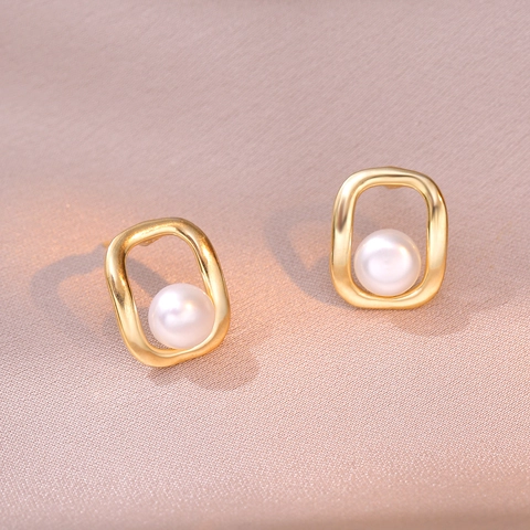 Orecchini A Lobo Con Perla de Agua Dulce Geometrica Rame Rettangolo Arrotondato Cavo Elegante Minimalista Gioielli Per Donne
