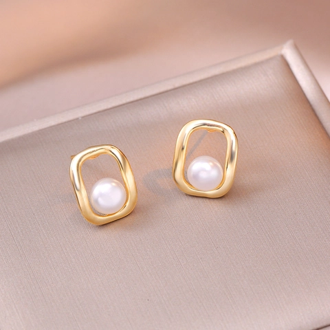 Orecchini A Lobo Con Perla de Agua Dulce Geometrica Rame Rettangolo Arrotondato Cavo Elegante Minimalista Gioielli Per Donne
