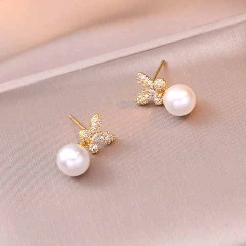 Butterfly Bow Artificial Pearl Earrings Zircon Inlaid Copper Dangle Ear Studs Elegant Fashion Jewelry For Women